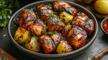 Delicious baked chicken pieces with potatoes, savory, on a dark wooden table