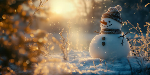 Obraz premium A happy snowman on a bright, sunny day.