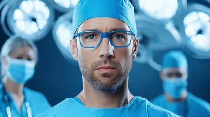 Professional male surgeon wearing blue scrubs and glasses, focused in a modern operating room with medical team preparing for surgery in the background