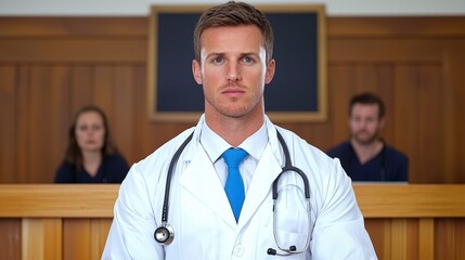 Doctor with stethoscope stands confidently in courtroom, surrounded by medical professionals, symbolizing the intersection of law and healthcare in a contemporary setting