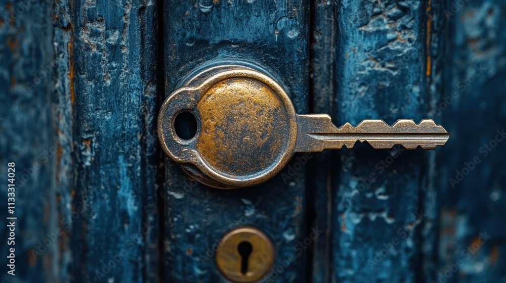 Poster a close-up of an old key inserted into a rusty lock on a weathered door.