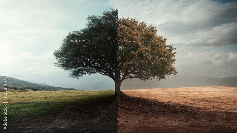 Poster a single tree showcasing contrasting halves: one lush and green, the other dry and barren, under a c
