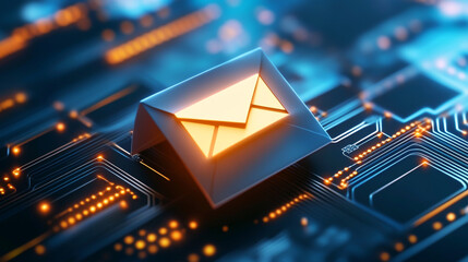 Glowing email icon on digital circuit board, symbolizing communication and technology.