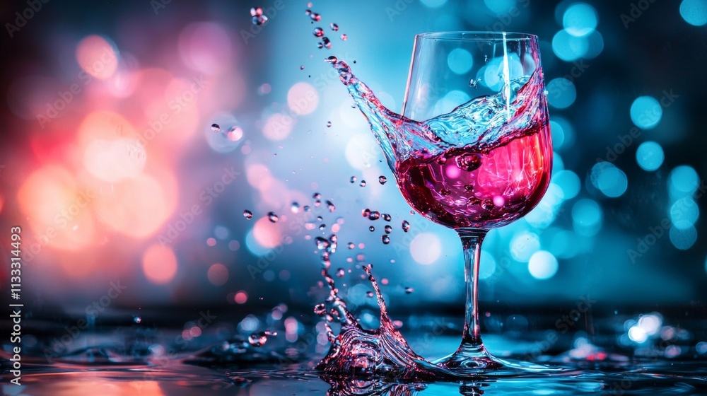 Poster red wine splashing in a glass with colorful bokeh background