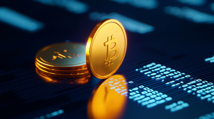 Golden bitcoins on a digital screen representing cryptocurrency and blockchain technology.