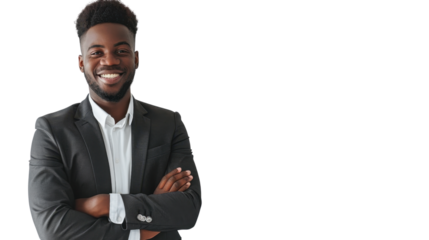 Portrait of african young businessman with arms crossed, smiling on white background