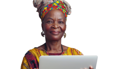 Portrait of african senior happy woman holding laptop on white background