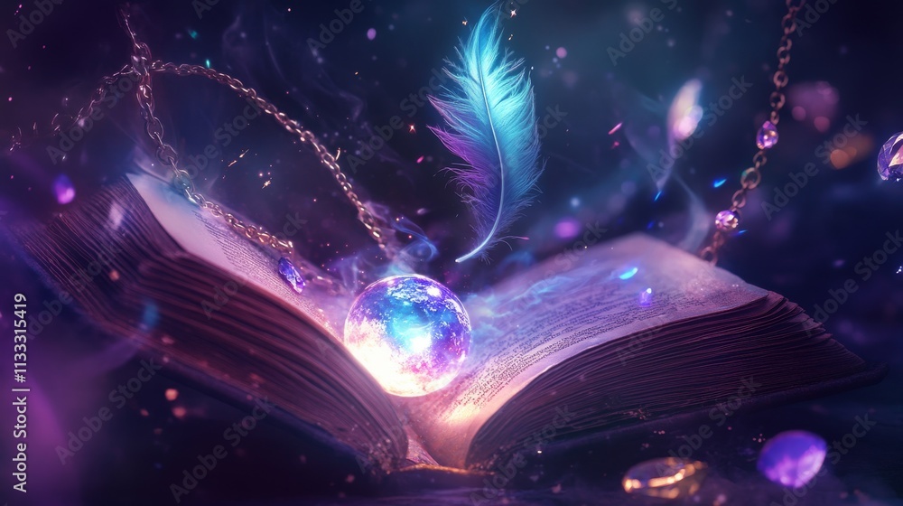 Poster a surreal open book emitting vivid purple and blue hues, adorned with a glowing orb and a floating f