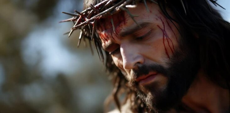 Emotional Depiction of Jesus Christ with Crown of Thorns and Bloodstained Face