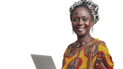 Portrait of african senior happy woman holding laptop on white background