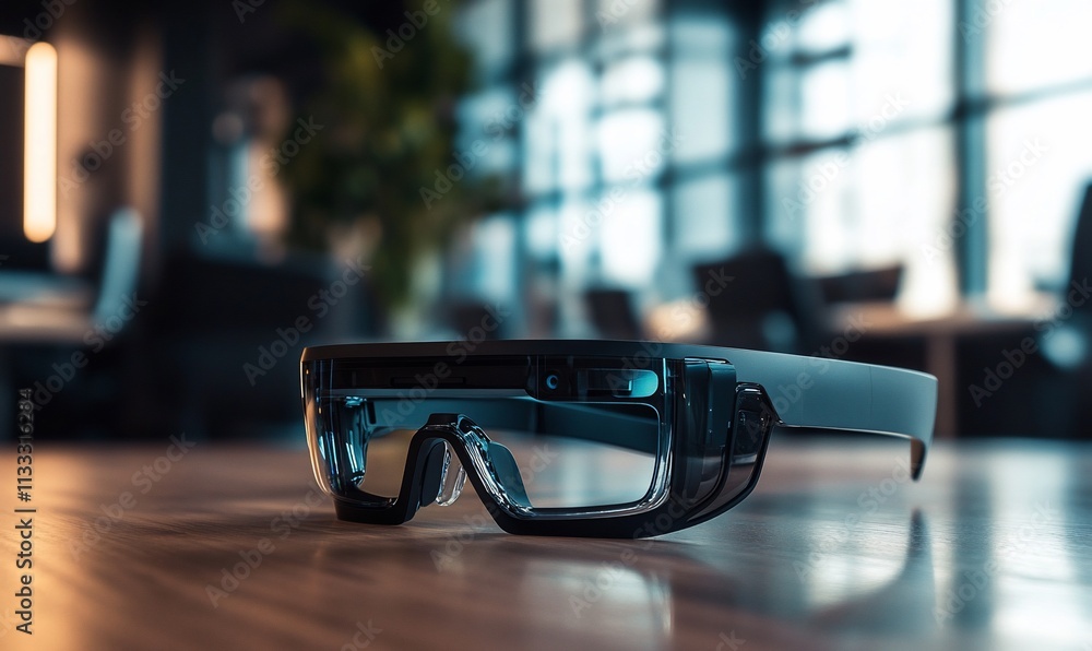 Poster a pair of augmented reality glasses resting on a wooden surface in a modern workspace.