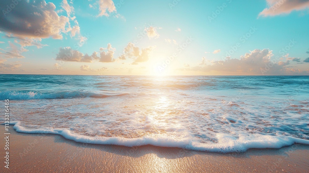 Poster the ocean is calm and the sun is setting, creating a beautiful