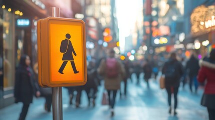 Obraz premium A pedestrian signal stands in a bustling urban environment, guiding foot traffic amidst a vibrant crowd and bright city lights.