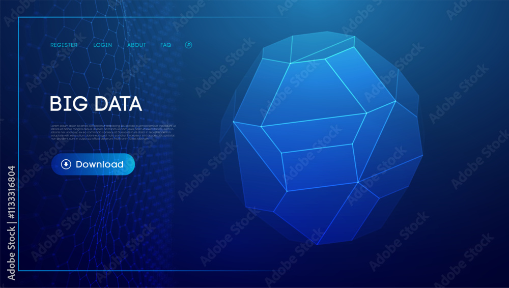 Poster technology sphere 3d. blue big data background. wireframe mesh protect globe.