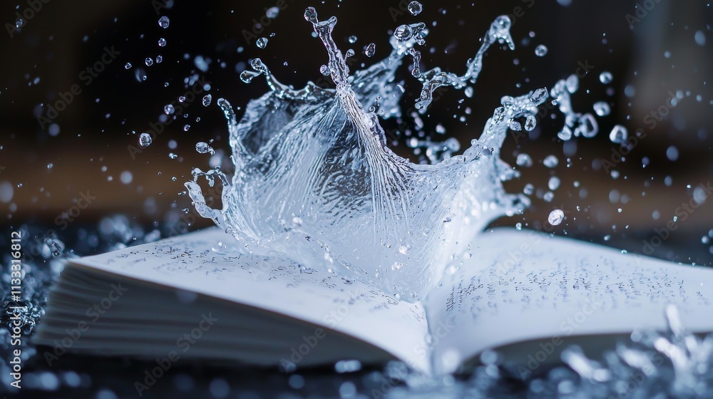 Poster a splash of water dramatically interacts with an open book, creating a visually striking scene that 