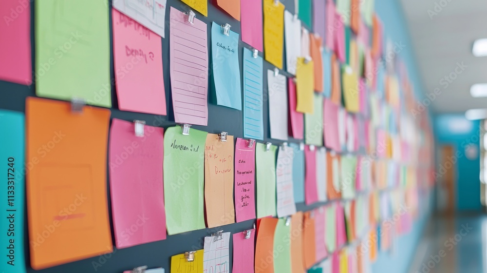 Poster a vibrant wall covered with colorful sticky notes, showcasing various messages and reminders in a cr