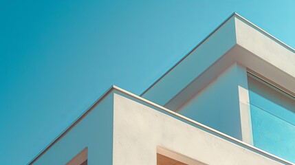 Fototapeta premium Modern Minimalist Architecture: Corner of a White Building Against a Blue Sky