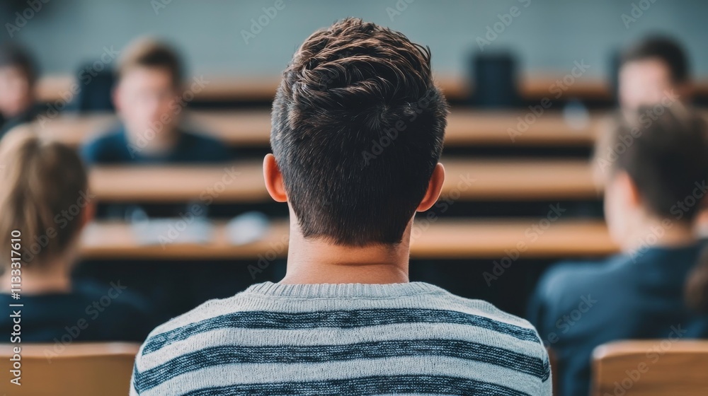 Poster a student attentively listens in a lecture hall, surrounded by peers, emphasizing a collaborative le