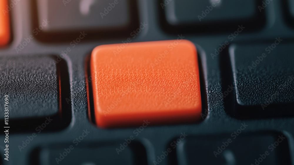 Poster a close-up view of a keyboard showcasing a bright orange key among standard black keys, emphasizing 
