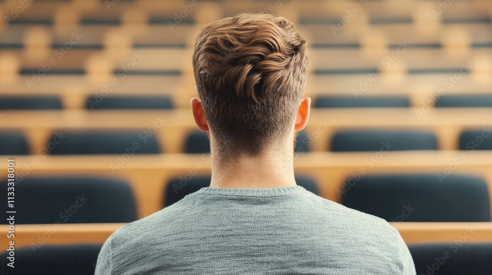 Poster a student sits in an empty lecture hall, focusing on the front, highlighting themes of education, so