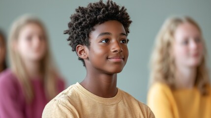 Fototapeta premium A young boy smiles while seated among a group of peers in a classroom setting, exuding curiosity and engagement.