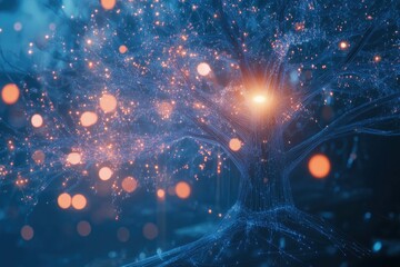 Luminous blue tree, glowing network, bokeh background.