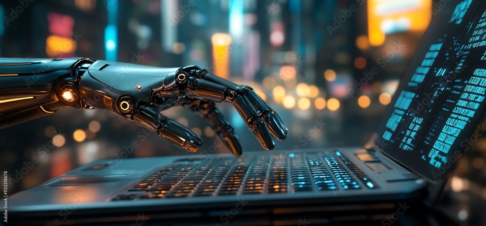 Aufkleber a robotic hand interacting with a laptop, symbolizing technology and automation.