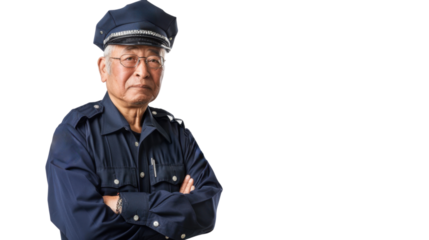 A police officer asian senior man on white background