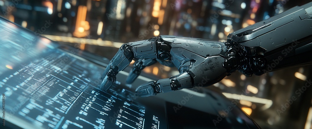 Poster A robotic hand interacts with a digital interface displaying complex data.