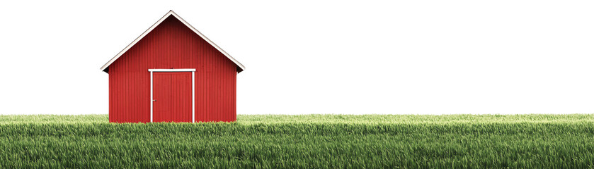 A vibrant red barn in a lush green field. PNG