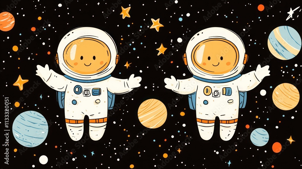 Poster two cheerful astronauts float in space surrounded by colorful planets and stars.