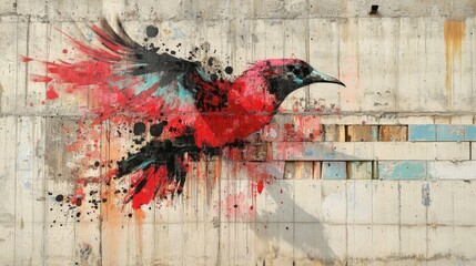 Red and Black Bird Mural on a Weathered Wall