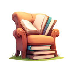 Cozy armchair surrounded by open books. PNG