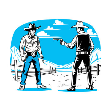 Cowboy standoff illustration in sketchy style
