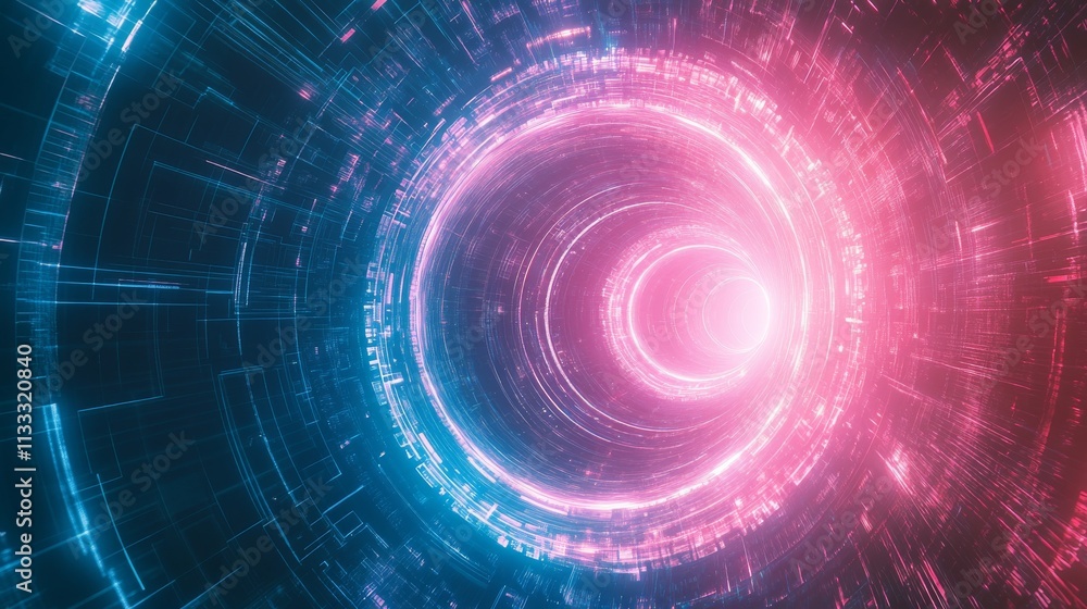 Poster spiral-shaped digital vortex with glowing neon hues of pink and blue. abstract and futuristic design