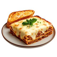 Delicious lasagna with garlic bread on a plate. PNG