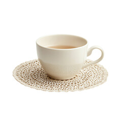 Elegant tea cup with intricate lace coaster. PNG