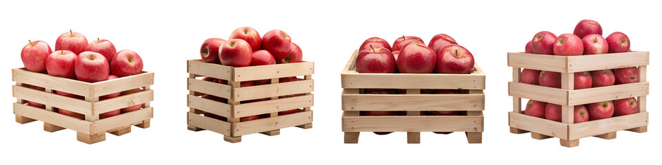 Fresh red apples in wooden crates. PNG