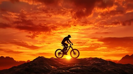 Obraz premium Silhouette of Cyclist on Mountain Against Vibrant Sunset Sky