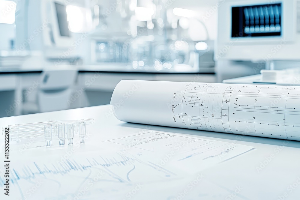 Aufkleber rolled blueprints and lab data sheets on a table in a modern, bright laboratory.