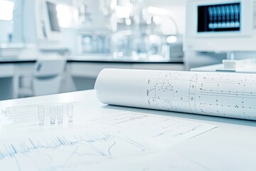 Rolled blueprints and lab data sheets on a table in a modern, bright laboratory.