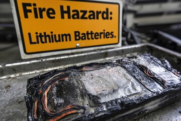Close-up of a damaged lithium-ion battery with a fire hazard warning sign.