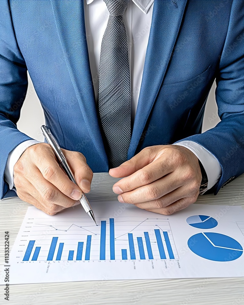 Poster a professional analyzing financial charts and graphs on a desk with a pen in hand.
