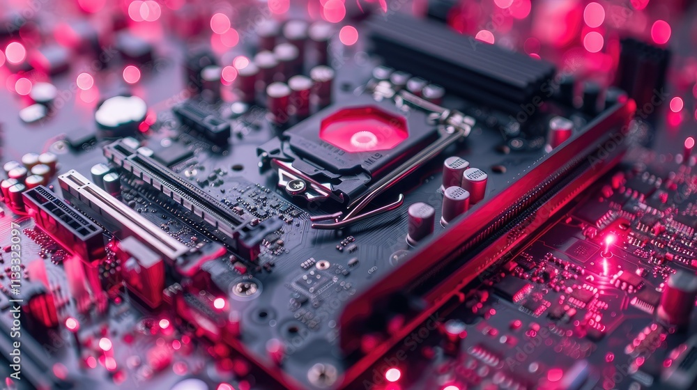 Poster close-up of a computer motherboard with glowing red lights and intricate circuitry.