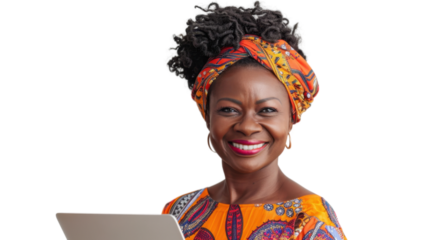 Portrait of african middle age happy woman holding laptop on white background



