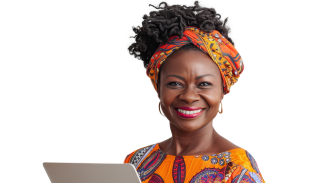 Portrait of african middle age happy woman holding laptop on white background



