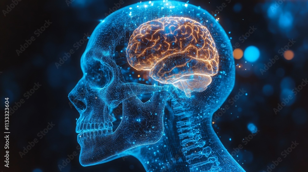 Poster digital x-ray visualization of a human skull with highlighted brain structure and neural pathways
