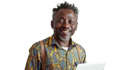 Portrait of african middle age happy man holding laptop on white background


