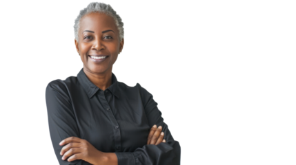 Portrait of african middle age businesswoman with arms crossed, smiling on white background
