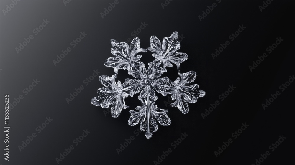 Poster intricate six-pointed snowflake on dark background.